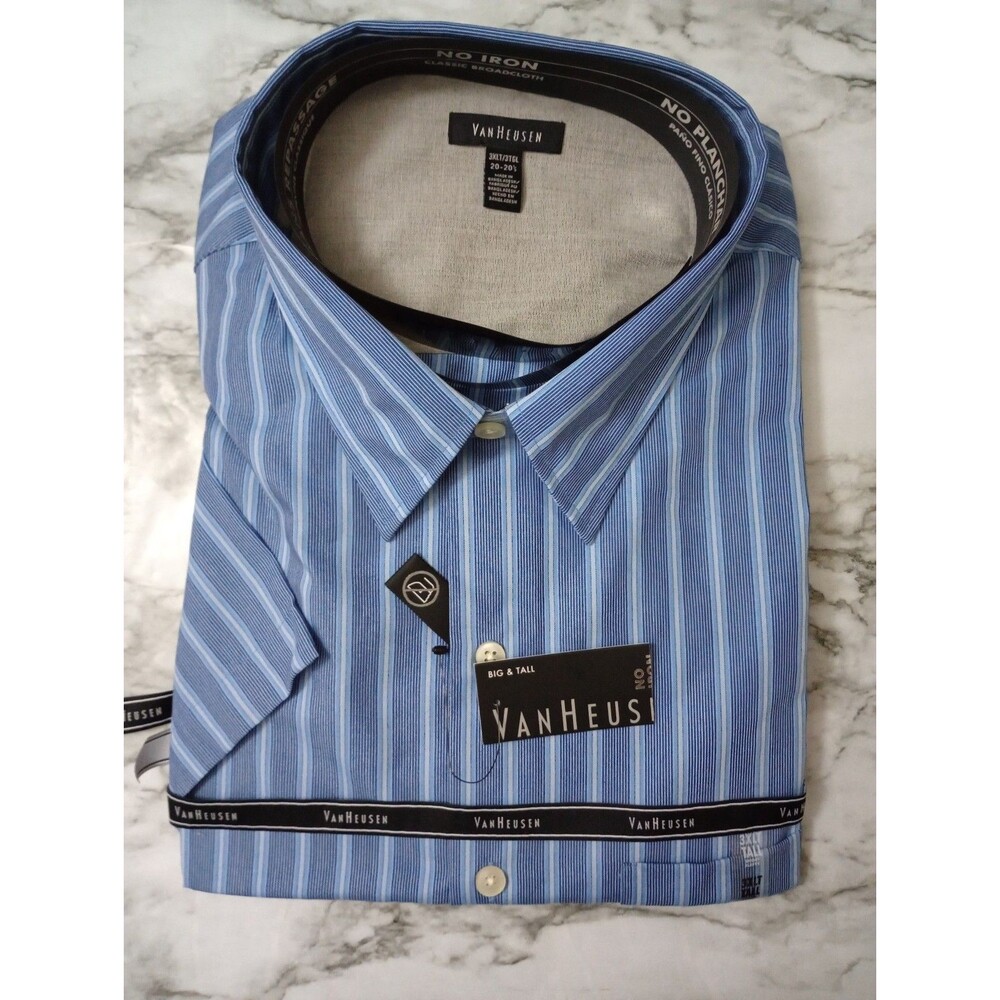 NWT Van Heusen Blue Button Up No Iron Short Sleeve Size 3XLT